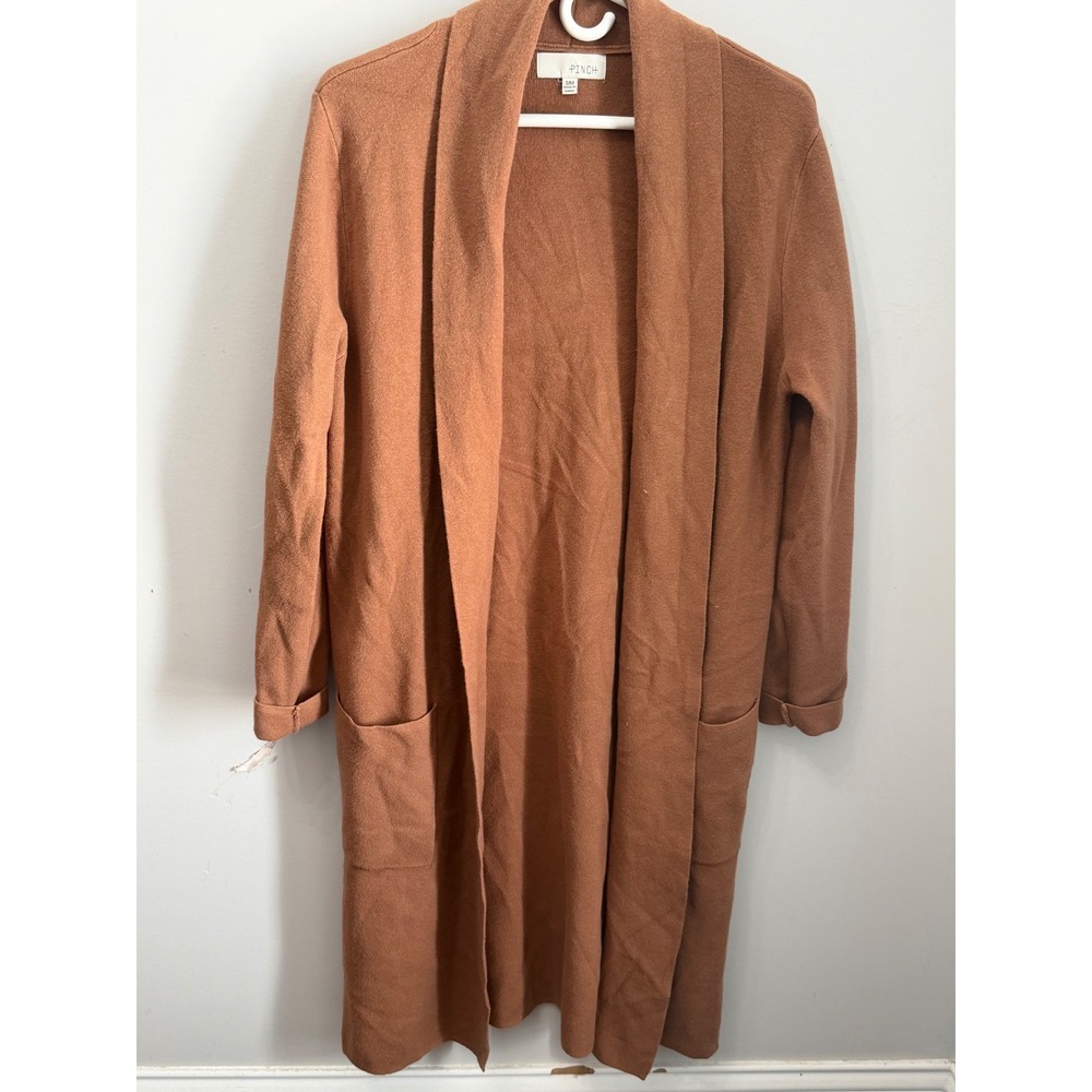 Pinch Caramel Knit Long Duster Cardigan Sweater Open Front Pockets S/M Brown